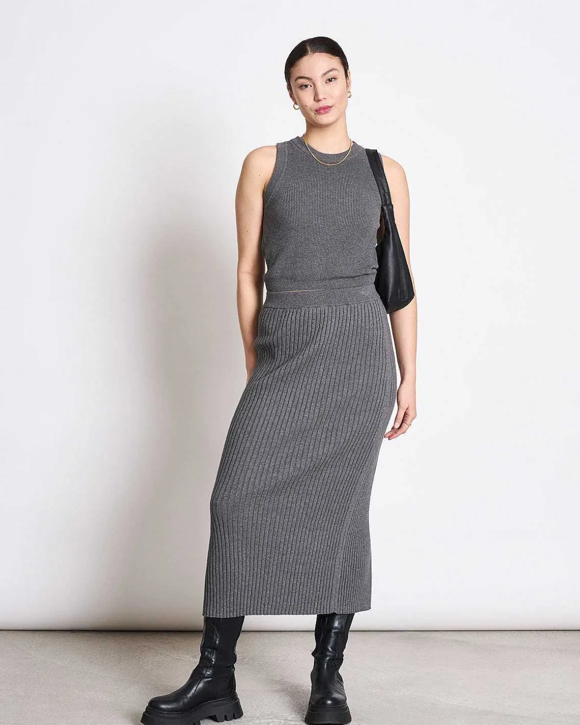Midi Knit Skirt Ebba Dark Grey Gots